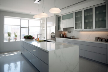 Fototapeta na wymiar Modern kitchen counters in modern apartment. Generative AI