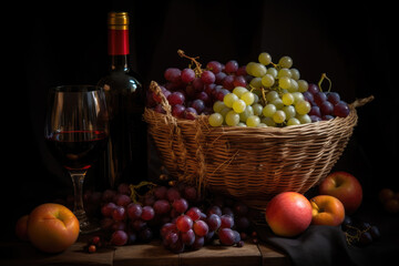 Wine and Grapes. Glass of Red Wine, Bottle of Wine, Basket with ripe Grapes and Fruit on the table on a black background, still life