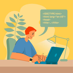 Programmer working at the computer. Vivid colors. Vector drawing. Office at home