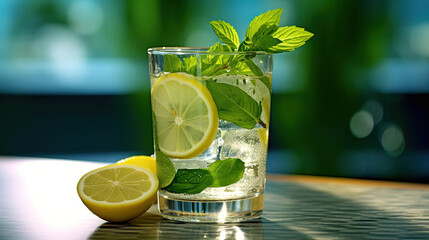 Refreshing cool drink in a glass with a slice of lemon and mint leaves on a glass table