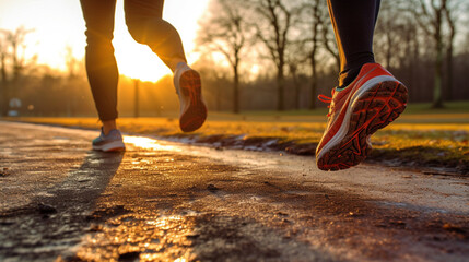 日の出とともに公園を走る2人のランナーの脚をクローズアップGenerativeAI