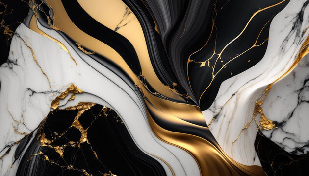 Black and White marble texture with golden viens. Fluid white, black and gold marbled background. Luxury modern backdrop for banner, greeting card, invitation. Generative ai