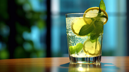 Refreshing cool drink in a glass with a slice of lemon and mint leaves on a glass table