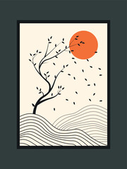 Modern tree art, vector art, line art, falling leaves in the wind wall art, flat design.