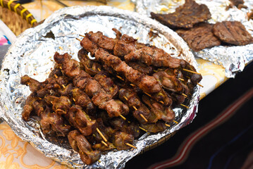 Many meat skewers kebab in vietnamese night market in food festival