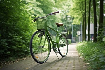 Fototapeta premium a bicycle on the street in a eco friendly city in a park. Generative AI
