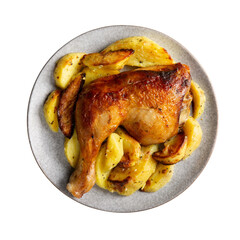 Grilled chicken leg with fried potatoes on gray plate isolated on white. Top view.