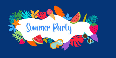 Fototapeta na wymiar Summer Party background with tropical plants leaf and beach vibes decorate Summer decoration banner