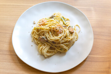 Seafood pasta Spaghetti with Clams, Prawns, Seafood Cocktail