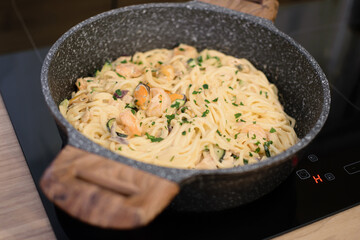 Seafood pasta Spaghetti with Clams, Prawns, Seafood Cocktail