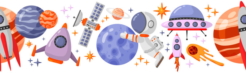 Astronaut and space seamless pattern with space elements. Seamless pattern for design, posters, backgrounds astronaut and space. Planet, comet, galaxy, alienships. © Elena