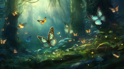 Fototapeta na wymiar Fairy Butterflies In Mystic Forest