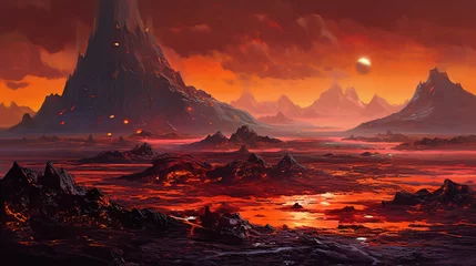 Fotobehang Fantasy landscape with lava and mountains © osama