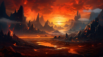 Fantasy landscape with lava and mountains