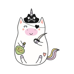 Cute funny pirate unicorn cartoon character illustration. Hand drawn kawaii style design, line art, drawing, isolated vector. Kids print element