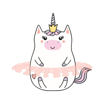 Cute funny princess unicorn cartoon character illustration. Hand drawn kawaii style design, line art, drawing, isolated vector. Kids print element
