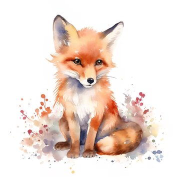 watercolor clip art cute red fox with paint splatter on white background. generated ai