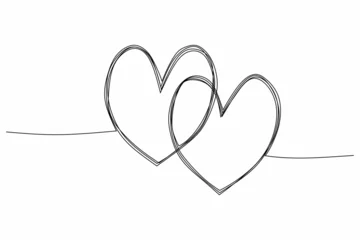 Crédence de cuisine en verre imprimé Une ligne Two linked heart, continuous one line drawing. Double heart hand drawn, black and white vector, minimalist illustration of love concept made of one line. 