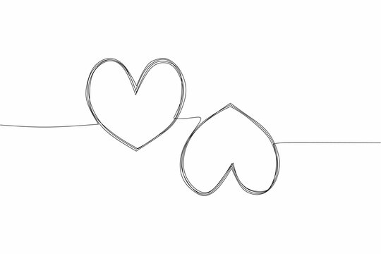 Two linked heart, continuous one line drawing. Double heart hand drawn, upside and downside, black and white vector minimalist illustration of love concept made of one line. 