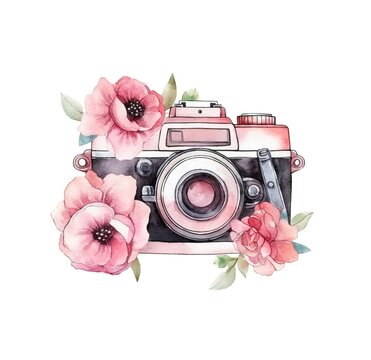 watercolor clipart retro camera with pink flowers on white background. generated ai