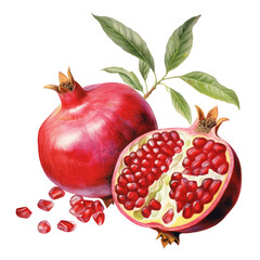 Botanical illustration, pomegranate whole and half in retro style, PNG. Generative AI