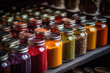 Generative AI illustration of shiny glass jars with metal lids filled with assorted colorful spices