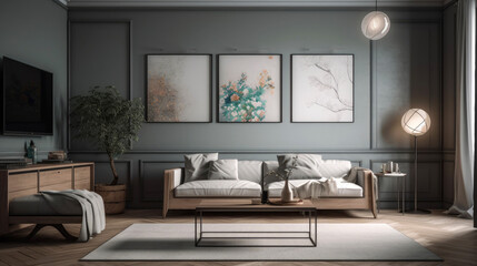 Naklejka na ściany i meble Modern minimalistic living room. Generative AI
