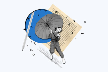 Placard collage picture of young crazy schoolgirl hold parasol fantasy personage write fantasy...
