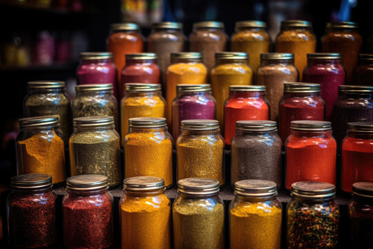 Generative AI image of shiny glass jars with metal lids filled with assorted colorful spices placed in line