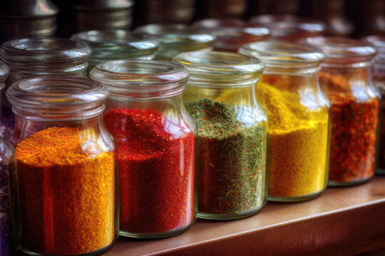 Generative AI image of shiny glass jars open filled with assorted colorful spices
