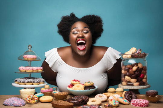 Generative AI image of plus size excited black woman with closed eyes and opened mouth at table with abundance of sweets and desserts