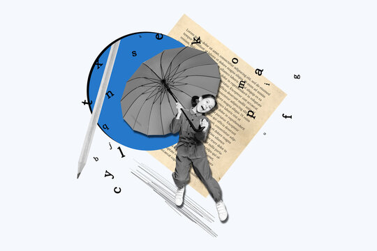 Placard collage picture of young crazy schoolgirl hold parasol fantasy personage write fantasy genre essay isolated on grey background