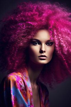 Generative AI illustration portrait of young woman with bright makeup and pink curly hair looking at camera against black background
