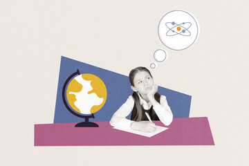 Photo collage artwork minimal picture of thoughtful dreamy little lady preparing homework isolated creative background