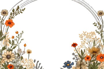 Fototapeta premium Thin line art empty floral border on white background Generative AI