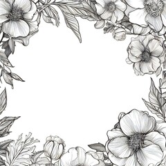 Thin line art empty floral border on white background Generative AI