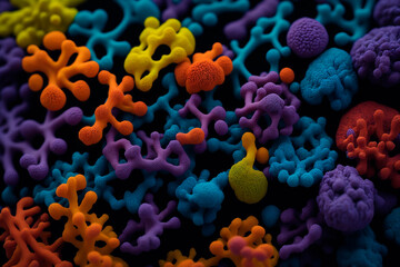 Fototapeta na wymiar Macro view on colourful viruses and various bacterias. Generative AI technology
