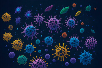 Macro view on colourful viruses and various bacterias. Generative AI technology