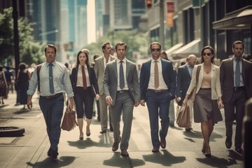 group of business people walking on a street in a city with skyscraper and buildings in the background. Generative AI - obrazy, fototapety, plakaty