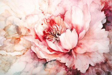 Beautiful abstract floral background. Watercolor drawing of a delicate peony. Close-up. Blossom flower colorful background for wallpaper, posters, product packaging or presentations. Generative AI