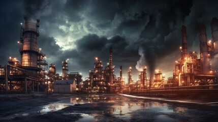 夜の石油精製場、石油化学産業GenerativeAI