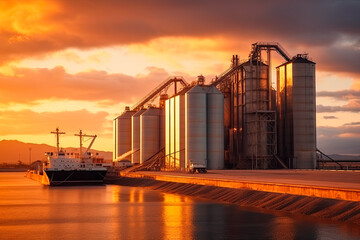 Obraz premium Grain deal concept, metal grain storage stands close up to sea port