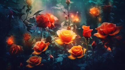 Fototapeta na wymiar Blooming yellow and red rose flowers