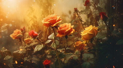 Fototapeta na wymiar Blooming yellow and red rose flowers