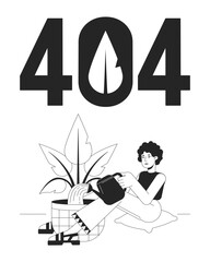 Gardening houseplant black white error 404 flash message. Eco friendly. Watering plant. Monochrome empty state ui design. Page not found popup cartoon image. Vector flat outline illustration concept