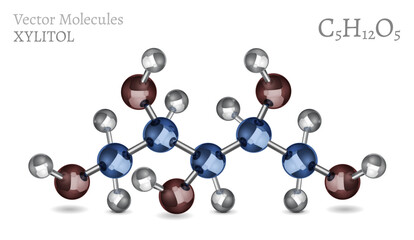 Molecular structure of a sweetener Xylitol in 3D style.