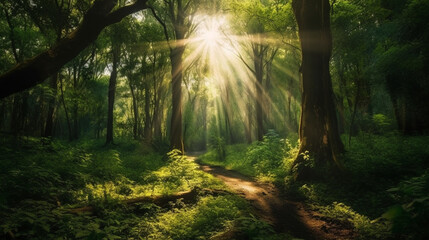 緑の森と美しい光線、森の風景GenerativeAI