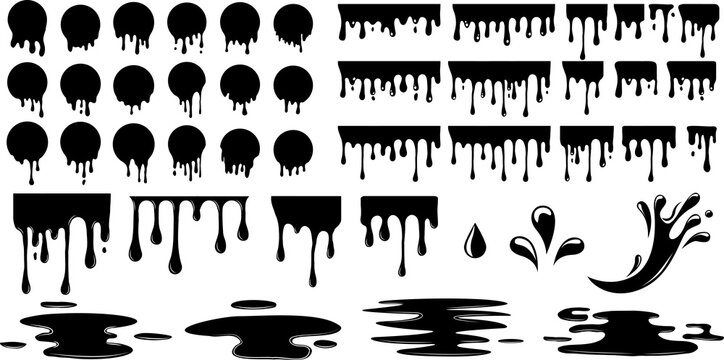 Splashes of water, black icon set. Ink drops. Liquid elements icons vector set. PNG image