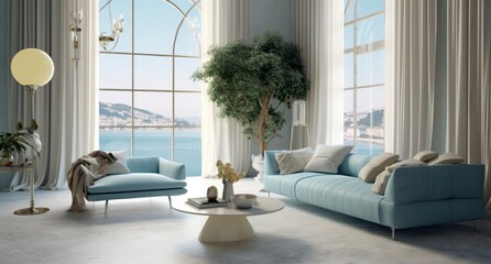 Modern luxury home showcase living room with ocean view - obrazy, fototapety, plakaty