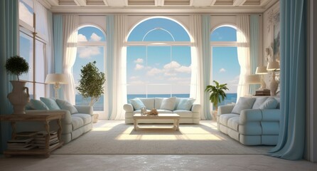 Fototapeta premium Modern luxury home showcase living room with ocean view